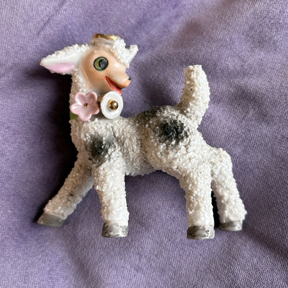 Vintage anthropomorphic gray Lamb ceramic figurine - textured with green eyes